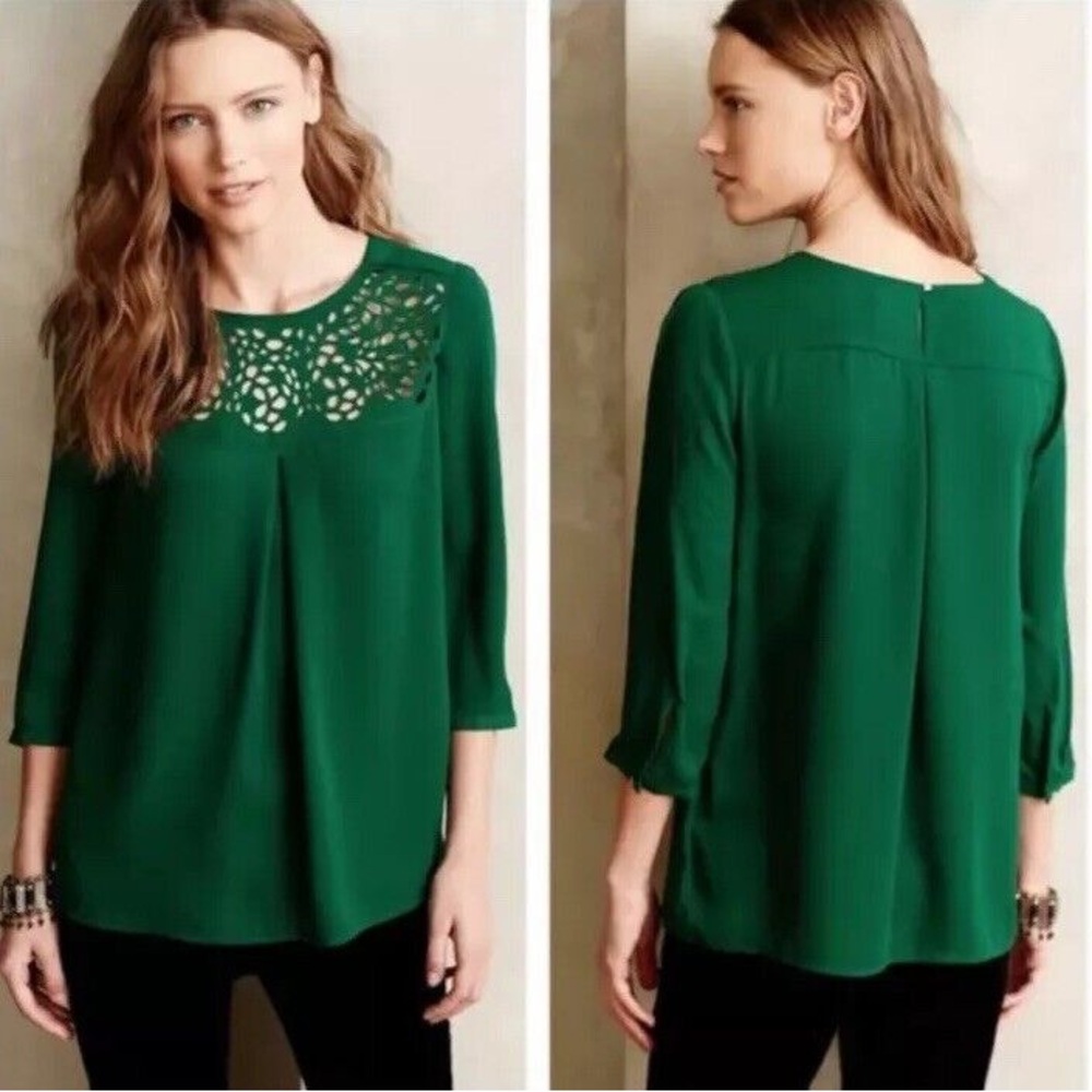 HD In Paris Anthropologie Green Dara Tee Laser Cut Blouse Shirt Size 2